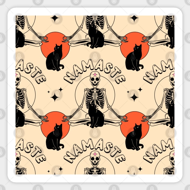 Yoga Namaste Black Cat Pattern in beige Sticker by The Charcoal Cat Co.